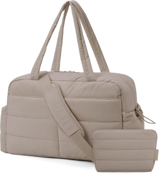 BAGSMART Travel Duffle Bag Gym Bag for Women, 31L Puffer Tote Bag Quilted Laptop Carry on, Weekender Overnight Bag Organizer Duffel Bag for Travel, Khaki