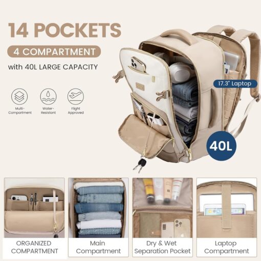 LOVEVOOK Travel Backpack for Women,40L Carry On Backpack Flight Approved,TSA Personal Item Travel Bag Fits 17.3" Laptop with 3 Packing Cubes,Large Waterproof Weekender Daypack,Beige and khaki - Image 3