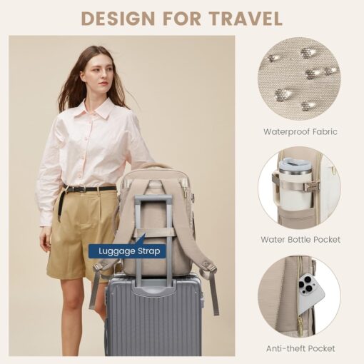 LOVEVOOK Travel Backpack for Women,40L Carry On Backpack Flight Approved,TSA Personal Item Travel Bag Fits 17.3" Laptop with 3 Packing Cubes,Large Waterproof Weekender Daypack,Beige and khaki - Image 7