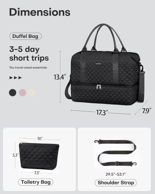 HOTOR Travel Duffel Bag - Weekender Bags for Women, Carry On Bag with Shoe Compartment, Overnight Bag with Toiletry Bag for Travel Essentials and Travel Accessories, Black, 13.4"×17.3"×7.9" - Image 7