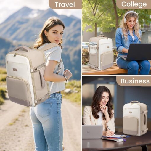 LOVEVOOK Travel Backpack for Women,40L Carry On Backpack Flight Approved,TSA Personal Item Travel Bag Fits 17.3" Laptop with 3 Packing Cubes,Large Waterproof Weekender Daypack,Beige and khaki - Image 2
