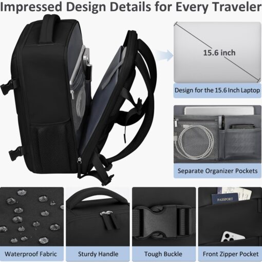 Travel Backpack for Women Men Carry on Flight Approved Lightweight 15.6 Inch Laptop Backpack Duffle College Business Work Weekender Hiking Travel Essentials Suitcase Backpack Black - Image 4