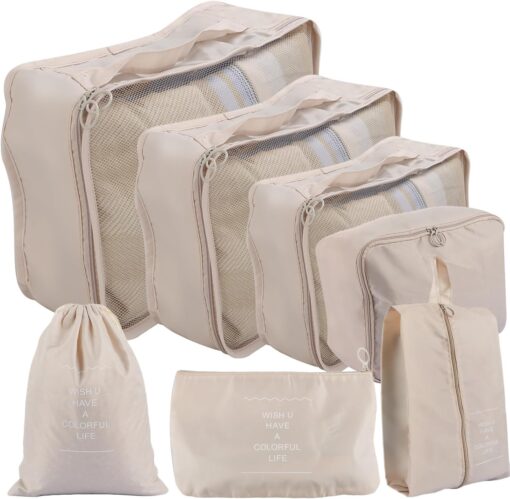 BALIN Premium 7 Set Packing Cubes for Suitcases, Travel Essentials for Carry on,Waterproof Luggage Organizer Bags Set for Travel Accessories - Beige Color