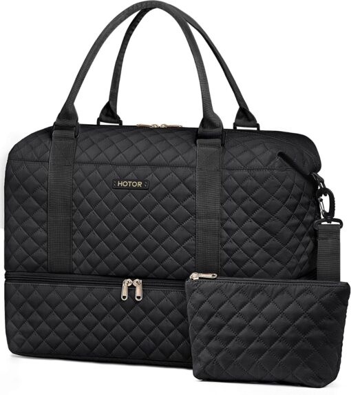 HOTOR Travel Duffel Bag - Weekender Bags for Women, Carry On Bag with Shoe Compartment, Overnight Bag with Toiletry Bag for Travel Essentials and Travel Accessories, Black, 13.4"×17.3"×7.9"