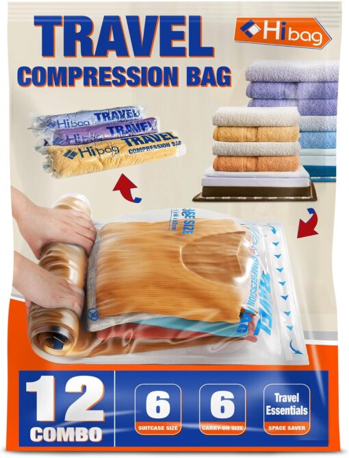 HIBAG 12 Compression Bags for Travel, Travel Essentials Compression Bags, Vacuum Packing Space Saver Zipper Bags for Cruise Travel Accessories (12-Travel)