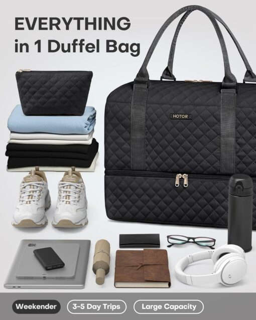 HOTOR Travel Duffel Bag - Weekender Bags for Women, Carry On Bag with Shoe Compartment, Overnight Bag with Toiletry Bag for Travel Essentials and Travel Accessories, Black, 13.4"×17.3"×7.9" - Image 2